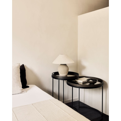 Set of Ethnicraft round occasional tables with S and L tops