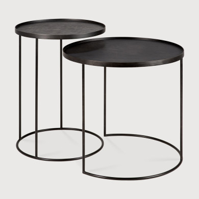 Set of Ethnicraft round occasional tables with S and L tops