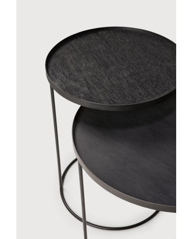 Set of Ethnicraft round occasional tables with S and L tops